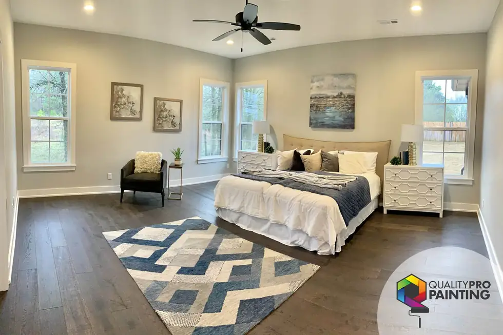 Finished bedroom with greige painted walls